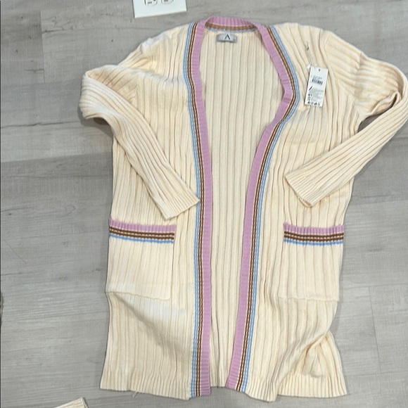 NWT 3 piece 🥰Cream Ribbed Knit sweater Cardigan Set with pull on pants size L/xl - Picture 7 of 8